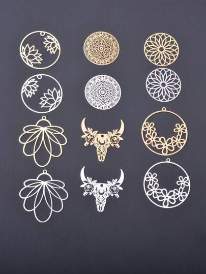 6pcs Filigree Jewelry, Brass Lotus & Hollow Flower Charm With Silver Petal & Bull's Eye Round Connector Pendants For Women's Earrings Diy Making