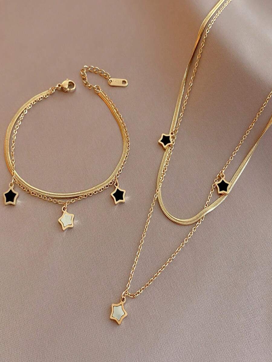 1條18k金鍍層星星鍊,扁平蛇骨鍊,環形鍊 - 項鍊 - 查看 1