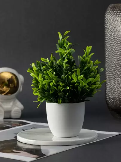 MEHELANY 4/1件装绿色仿真迷你盆栽，假塑料盆栽，白色花盆，适用于家居、办公室、餐桌、农舍、花园、浴室装饰