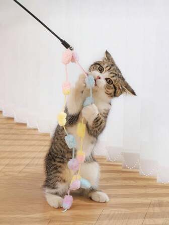 1pc Colorful Wool Ball Cat Teaser Wand Toy With Bell