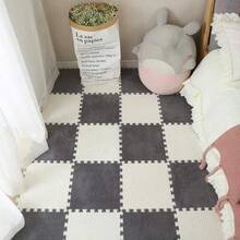 6pcs/set Square Interlocking Floor Mats For Home, Washable & Cuttable, Soft Fluffy Surface, Large Area Carpet, Anti-slip And Shock-absorbing - Gray+White - View 5