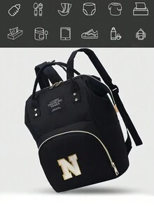 多功能媽咪包尿布包大容量背包孕婦包旅行奶瓶尿布收納袋26字母a到z拉鍊嬰兒哺乳包 - 黑色 - 查看 4