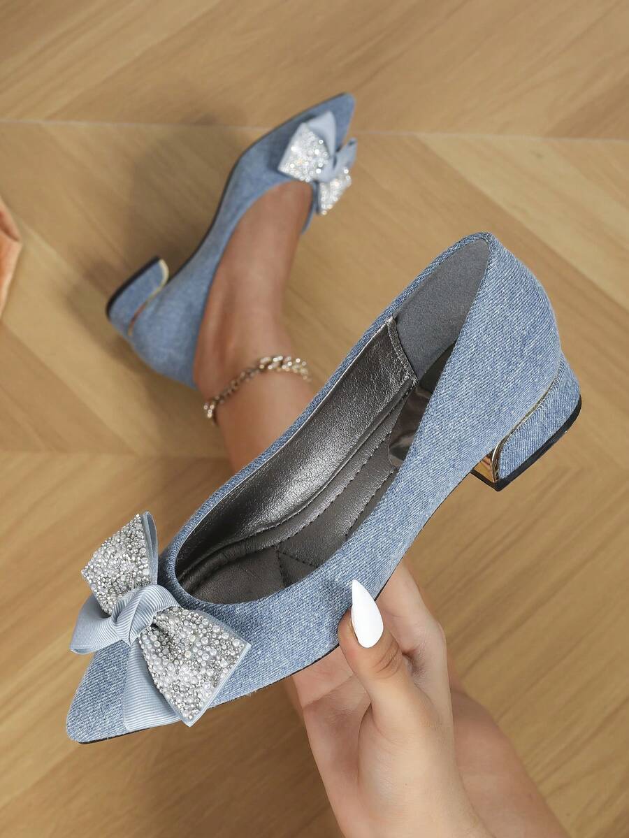 Women's Pointed Toe Blue Flat Shoes With Bow Decoration - Blue - View 1
