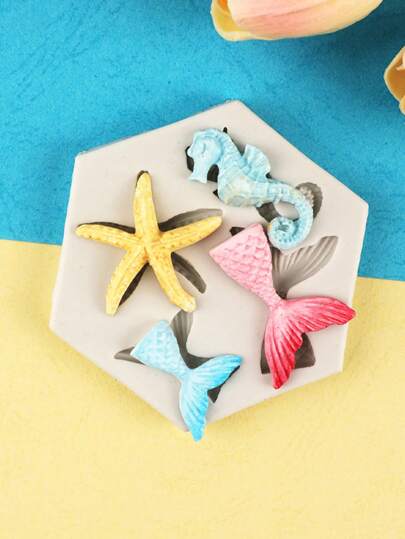 1pc Ocean Series Silicone Fondant Mould, Seahorse Starfish Mermaid Tail Chocolate Cake Mould Baking Tool