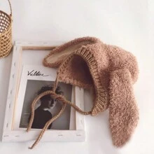 1pc Baby Winter Knitted Hat With Long Ears And Plush Cartoon Design, Suitable For Daily Use - Coffee Brown - View 4