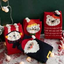 10pairs/pack Women's Random Color Red Tone Cute Christmas Socks, Comfortable & Breathable Mid-calf Socks - Multicolor - View 3