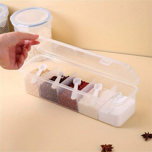 1pc Kitchen Seasoning Box, Household Kitchen Seasoning Storage Box, Five Grid White Seasoning Cans, Classified For Convenient Storage, Multi-purpose Household Storage Box, Small Item Storage, Sock Storage Box Kitchen Organization And Storage