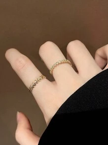 2 stuks Europese en Amerikaanse minimalistische veelzijdige ontwerp luxe zirkonia stenen blad tarwe decoratie ringset, chique gevoel