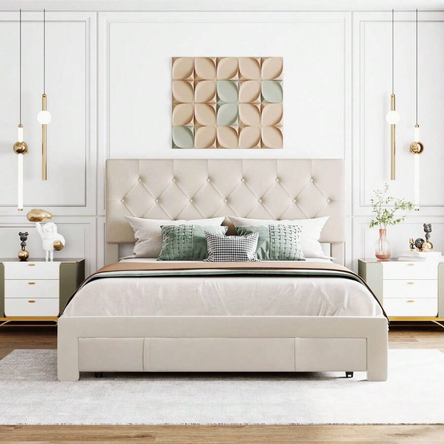 Queen Size Bed Frame with Headboard and a Big Drawer, Velvet Upholstered Storage Bed Frame, Easy Assembly, Queen Size Frame - Beige - View 1