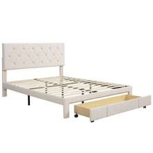 Queen Size Bed Frame with Headboard and a Big Drawer, Velvet Upholstered Storage Bed Frame, Easy Assembly, Queen Size Frame - Beige - View 3
