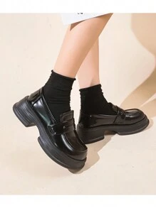 女款秋季新鞋款 學院風格 Pu 皮革高跟鞋 厚底樂福鞋 適合辦公室女士