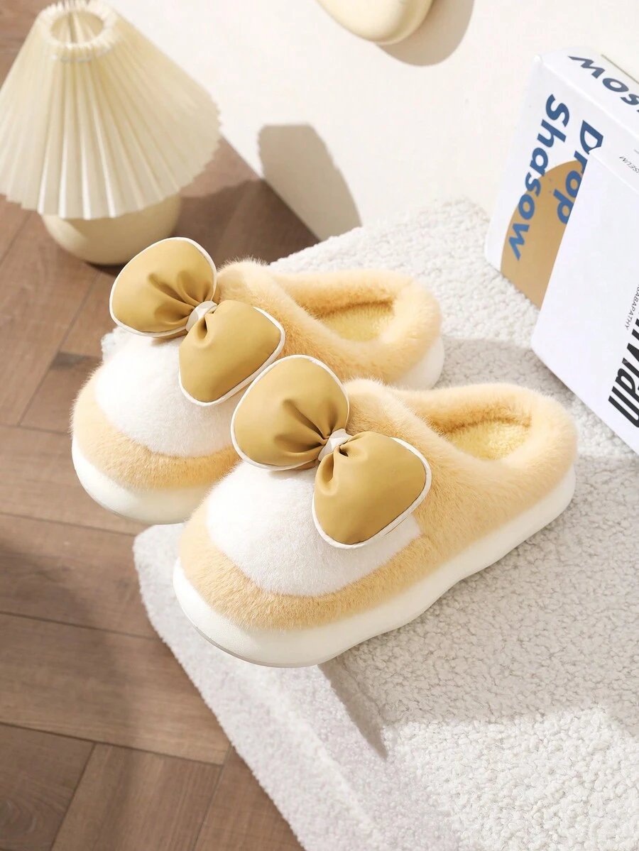 女士黃色可愛蝴蝶結舒適拖鞋,冬日保暖,2023新款,厚底室內家居情侶毛絨拖鞋