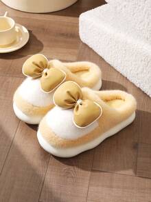 女士黃色可愛蝴蝶結舒適拖鞋,冬日保暖,2023新款,厚底室內家居情侶毛絨拖鞋