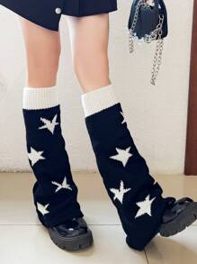 1 双女士星星印花 Y2k 宽腿保暖裤，适合休闲穿着 - 黑色 - 查看 2