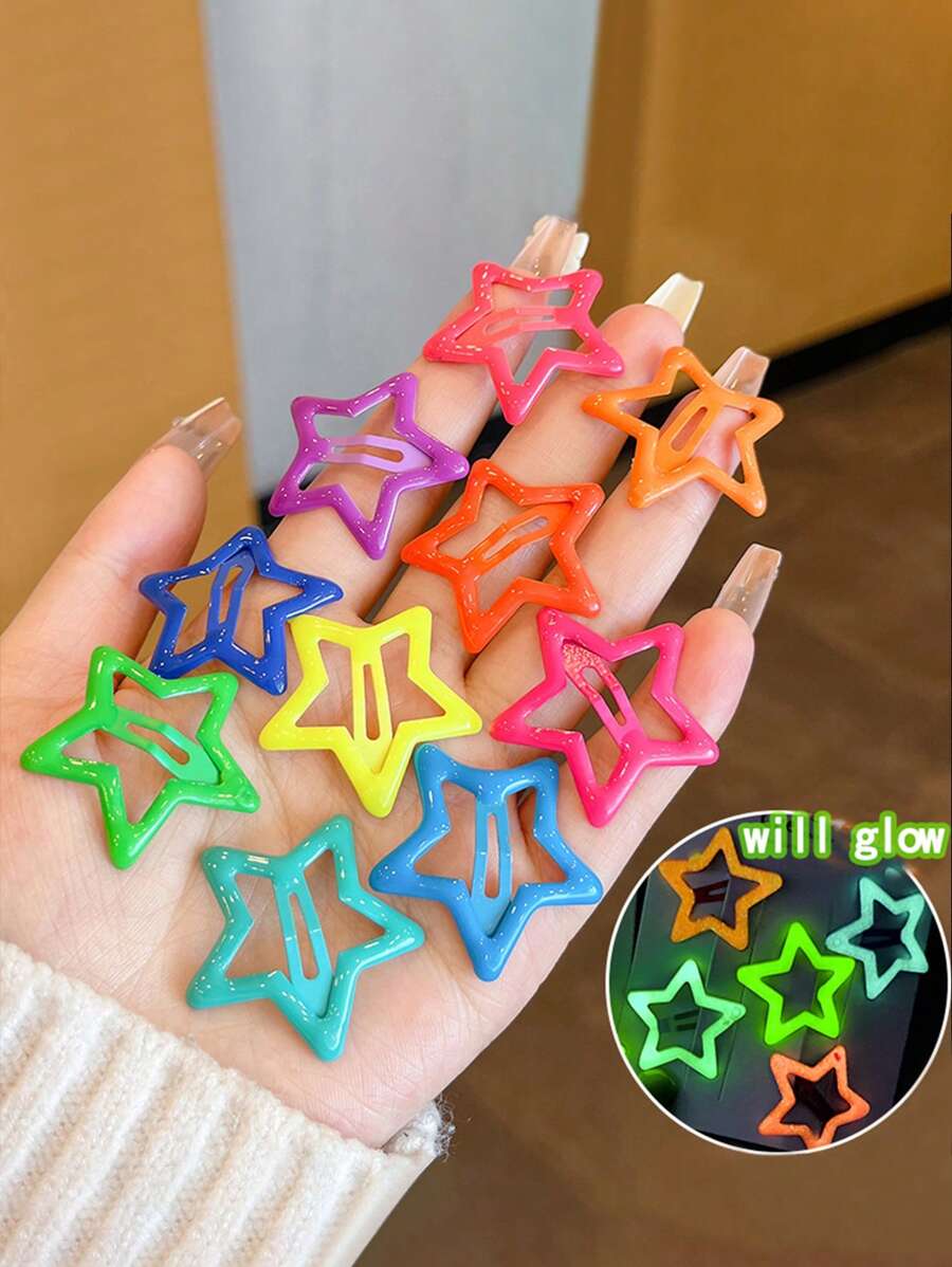 10件套女士发饰，彩色发光星星发夹，夜光刘海发卡，趣味发型套装，适合表演、派对、街头造型，爪夹、发爪、发卡，头部饰品 - 彩色 - 查看 1