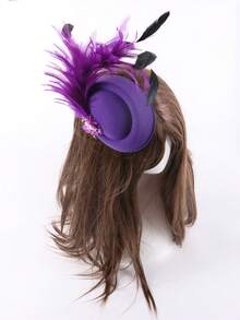 1件雞毛和花裝飾的舞臺表演頭飾,復古貝雷帽非常適合舞會 - 紫色 - 查看 3