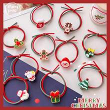 6pcs/set Random Style Christmas Themed Hair Ties For Girls, Including Cute Deer, Santa Claus, Christmas Tree, Etc. A Small Gift Or Decoration For Christmas Events And As A Prize For Students - Multicolor - View 1