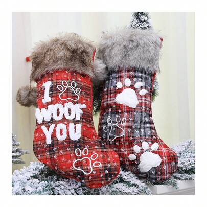 1 Stück 20 Zoll englischer Schneeflocken-bestickter Haustier-Pfotensocken, karierter Fleece Weihnachtsgeschenk-Süßigkeitenbeutel, Weihnachtsbaum-Dekoration, für Weihnachten Weihnachtsdekoration Zuhause Weihnachtsgeschenke Weihnachtsdekor