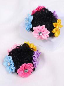 1對可愛鑲嵌鑽石和多色花朵頭箍,適用於幼童女孩的頂部髮髻,適用於日常生活或度假 - 彩色 - 查看 1