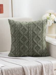 1pc Plush Flower Embossed Pillow Cover, Without Pillow Core, Simple Style, Square Shape, Suitable For Living Room And Bedroom, All Seasons - Olive Green - View 4