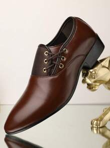 Men's Business Casual Pointed Toe Pu Leather Lace-up Shoes, Four Seasons, Large Size 47, For Young Adults, 45-46 - Brown - View 3