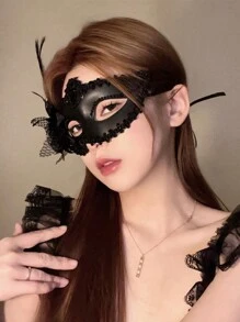 1入組萬聖節裝派對兔耳朵口罩適用於夜店表現,ktv道具兔女郎口罩適合派對 - 黑色 - 查看 2