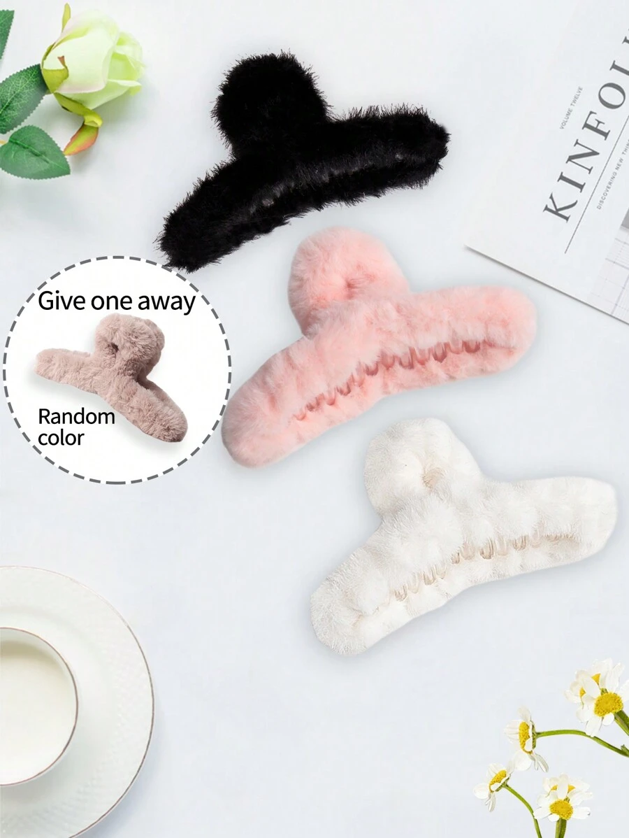 4入組毛絨髮夾甜美夾子時尚冬季毛絨髮夾，適用於厚髮和細髮，適用於廣泛的女士和女孩，具有強大的造型髮飾等 - 彩色 - 查看 1