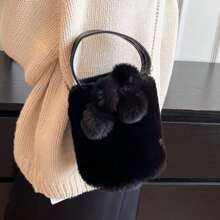 人造毛肩背包,時尚的雪紡手提包,適用於女士和女孩 - 黑色 - 查看 3