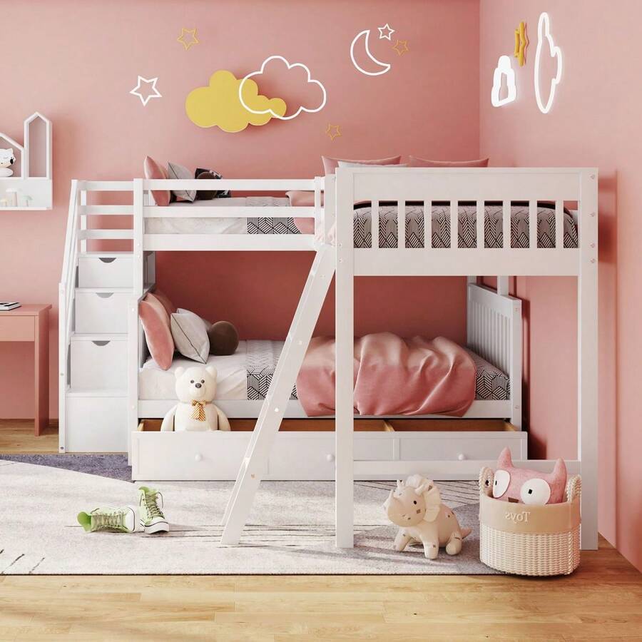 Twin Over Full LShaped Solid Wood Bunk Beds with Guard Rail, Bunk Bed