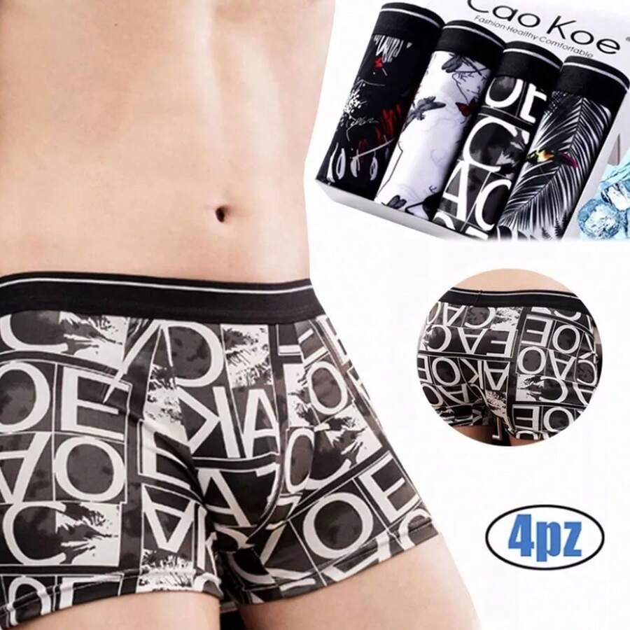 Men's Ice Silk Boxer Briefs 4 Pack - Black - View 1