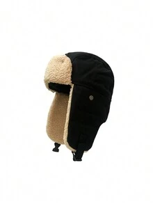 1頂男女情侶款雙色帆布飛行員帽,冬季保暖防風騎行耳罩帽,適用於東北地區 - 黑色 - 查看 5