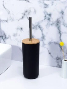 6pcs/Set Simple Bamboo Cover Bath Set Toothbrush Holder Kit Wash Gargle Bathroom Accessories Soap Dish Shower Gel Bottle Wash Cup Toilet Brush Trash Can Home Bathroom Decor Bathroom Accessories Bathroom Organizer - Black - View 4