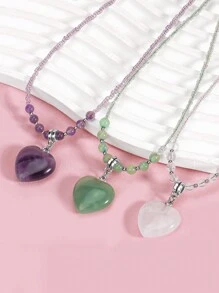 1 件心形蘑菇吊坠项链，适合女士女孩情侣款，天然石，透明水晶，玫瑰石英，紫水晶，虎眼玻璃，水晶珠，颈链，情侣款，情人节新年珠宝礼物，妈妈，母亲节，礼物 - 心形項鍊 - 查看 4