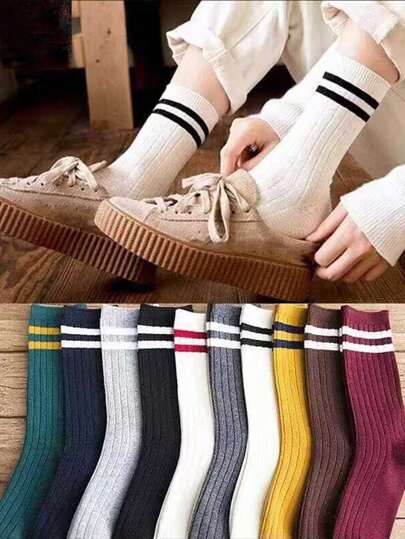 10pairs Candy Colored Vertical Stripe Mid-Calf Socks For Women And Couple, Size: 35-43, 10 Colors Available, Fall