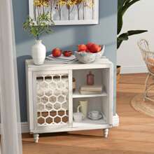 SUNBURY Storage Cabinet with Sliding Doors, Mirror Accent Cabinet Free Standing Living Room Wooden Sideboard Farmhouse Buffet Cabinet for Kithcen Bedroom Hallway Entryway - White - View 7