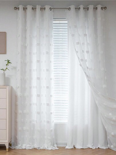 1pc High-End American Style Double-Layer White Tulle Curtain With Fluffy Pompom, Suitable For Living Room, Bedroom And Other Occasions