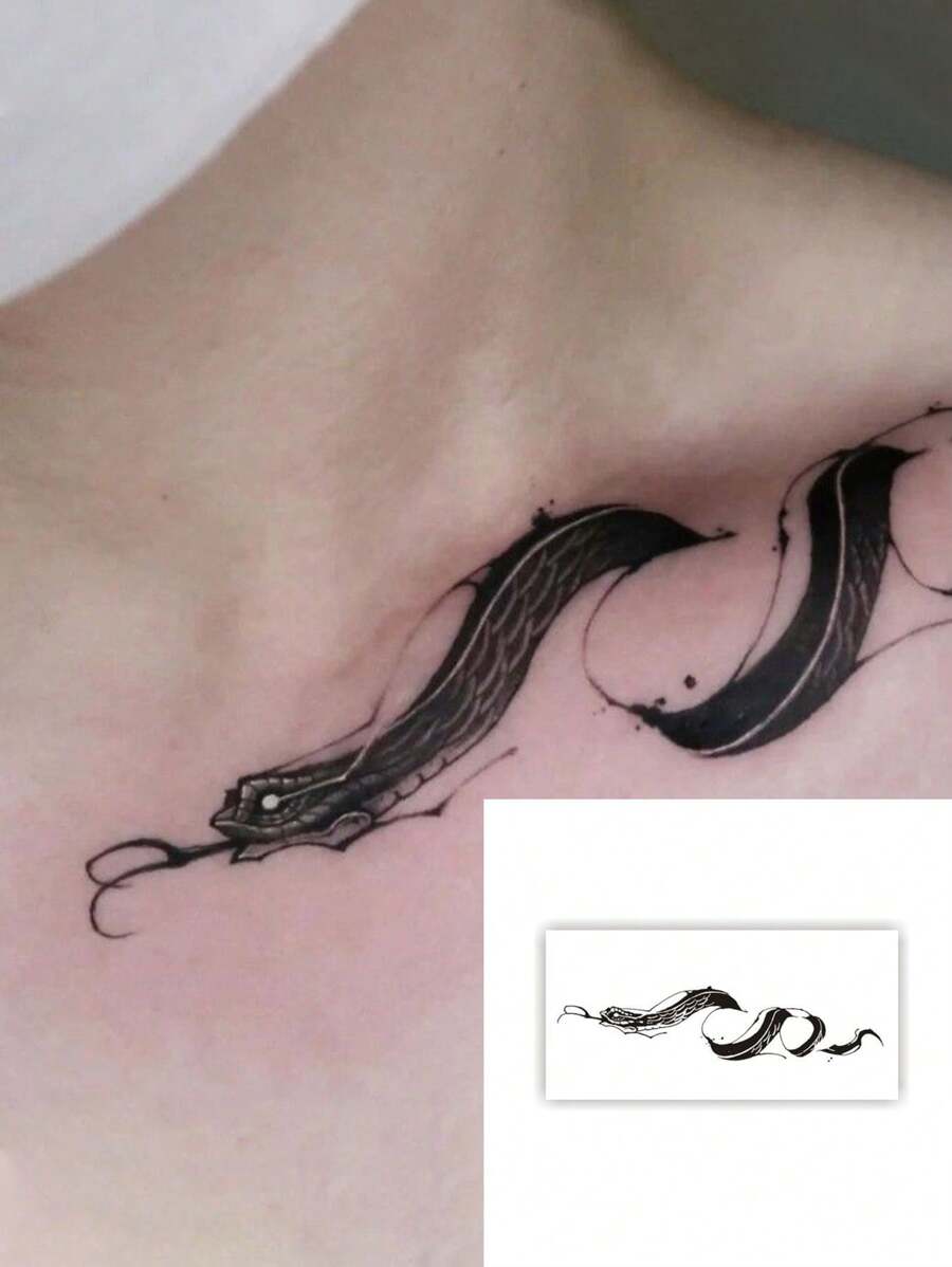Tatuaje De Serpiente De Clavícula Unisex Con Etiqueta Engomada Personalizada De Halloween Para Una Sola Persona En Una Pequeña Salida Personal - Negro - Ver 1