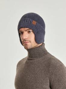 1pc Winter Men's Deep Grey Knitted Beanie Hat With Fox Fur & Ear Flaps, Skull Design For Warmth In Autumn And Winter - Grey - View 1