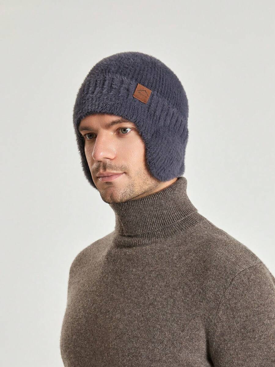 1pc Winter Men's Deep Grey Knitted Beanie Hat With Fox Fur & Ear Flaps, Skull Design For Warmth In Autumn And Winter - Grey - View 1