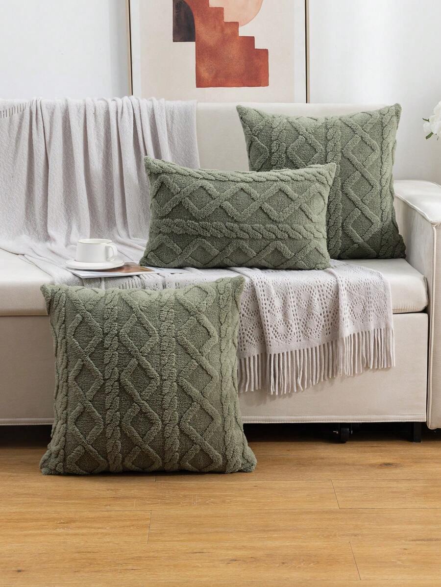 1pc Plush Flower Embossed Pillow Cover, Without Pillow Core, Simple Style, Square Shape, Suitable For Living Room And Bedroom, All Seasons - Olive Green - View 1
