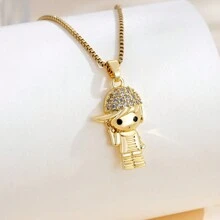 1件金色不锈钢镀层镶钻3D可爱男孩彩色眼睛马蹄形U型吊坠项链，男女皆宜的简约时尚个性化设计，适合日常佩戴 - 金黃色 - 查看 4