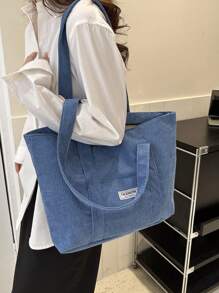 Bolso Grande Minimalista De Color Sólido De Pana Con Gran Capacidad - Azul - Ver 4