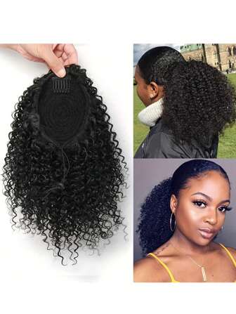 非洲式抽绳马尾辫 卷曲马尾辫 抽绳非洲式蓬松卷曲马尾辫 女式合成 12 英寸/140 克卷曲马尾辫