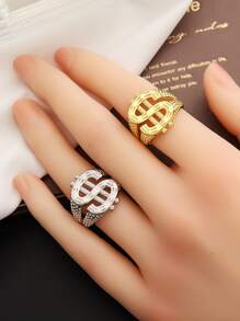 1pc Personalized Gold Dollar Sign Ring For Men & Women, Adjustable Size Daily Wear - Silver - View 4