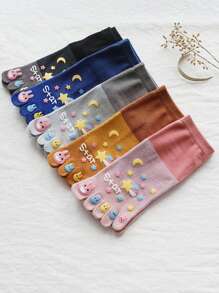 5pairs Women's Creative Cartoon Character Personalized Five Toe Mid-Calf Socks For Autumn And Winter - Multicolor - View 1