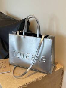 Large Capacity Women's Tote Bag With Letter Print - Silver - View 8
