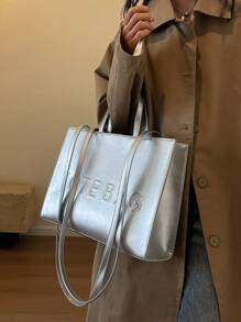 Large Capacity Women's Tote Bag With Letter Print - Silver - View 4