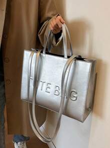 Large Capacity Women's Tote Bag With Letter Print - Silver - View 5