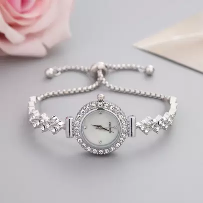 New Casual Fashionable Women's Bracelet Watch With Lovely Round Dial Decorated With Crystal And Rhinestone-Set Watch Strap, Luxury Alloy Quartz Watch, Gift For Women As A Gift For Students Returning To School