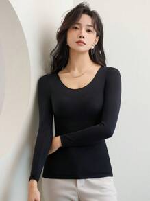 Women's Self-heating Ultra-thin Long Sleeve Thermal Underwear Top With Anti-static & Seamless Design For 37°c Autumn & Winter Wear - Black - View 4